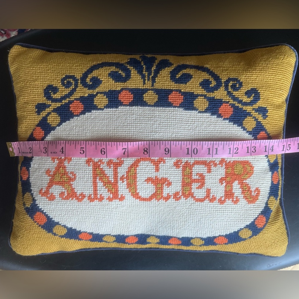 Jonathan Adler Needlepoint Pillow. “ANGER” Yellow, Blue, Orange & White 12 x 15” - Picture 8 of 8